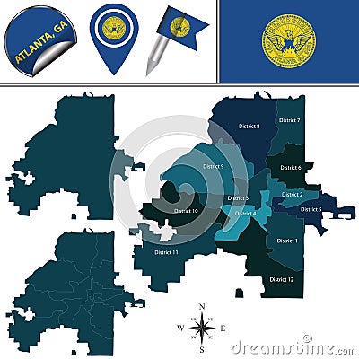 Map of Atlanta, GA with Districts Vector Illustration