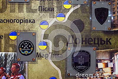 Map of the ATO zone, with the chevrons of the Ukrainian army units in the Museum of the Anti Terrorist Operation in Dnepr Editorial Stock Photo