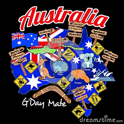 Map of Australia with nation flag and icons Vector Illustration