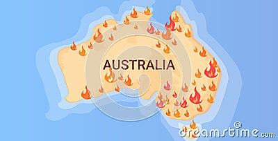 Map of Australia with symbols of bushfires seasonal wildfires dry woods burning global warming natural disaster concept Vector Illustration