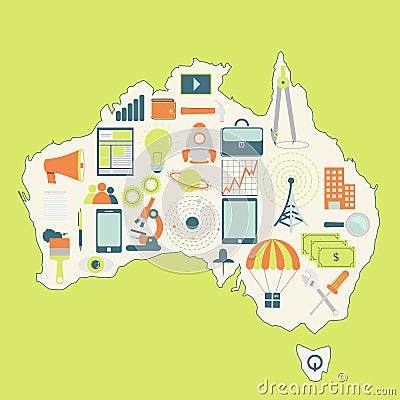 Map of Australia with technology icons Vector Illustration