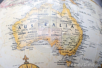 Map of Australia on a world globe Stock Photo