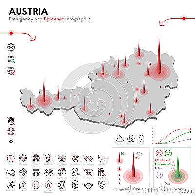 Map of Austria Epidemic and Quarantine Emergency Infographic Template. Editable Line icons for Pandemic Statistics Vector Illustration