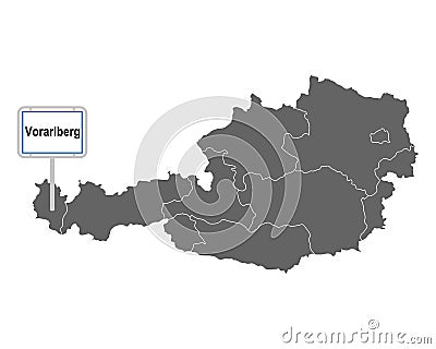 Map of Austria with road sign of Vorarlberg Vector Illustration
