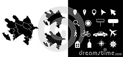 Map of Azerbaijan administrative regions departments, icons. Map location pin, arrow, man, bicycle, car, airplane Vector Illustration