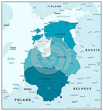 Map of the Baltic States In Aqua Blue Colors Vector Illustration