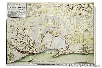 Map of Barcelona 1700, Catalonia, Spain Editorial Stock Photo