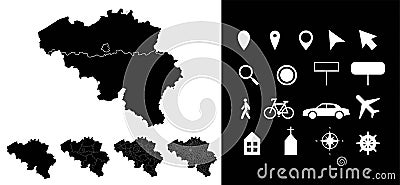 Map of Belgium administrative regions departments, icons. Map location pin, arrow, man, bicycle, car, airplane Vector Illustration