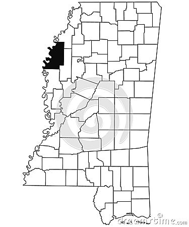 Map of Bolivar County in Mississippi state on white background. single County map highlighted by black colour on Mississippi map. Stock Photo