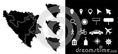 Map of Bosnia and Herzegovina administrative regions departments, icons. Map location pin, arrow, man, bicycle, car, airplane Vector Illustration