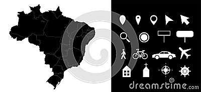 Map of Brazil administrative regions departments, icons. Map location pin, arrow, man, bicycle, car, airplane Vector Illustration