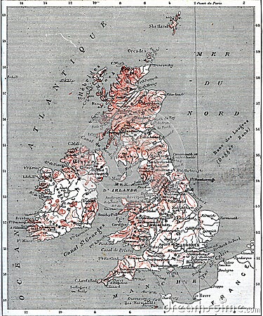 Map of British Isles, vintage engraving Cartoon Illustration
