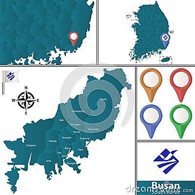Map of Busan with Districts Vector Illustration