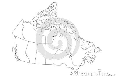 Map of Canada divided into 10 provinces and 3 territories. Administrative regions of Canada. Blank white map with black Vector Illustration