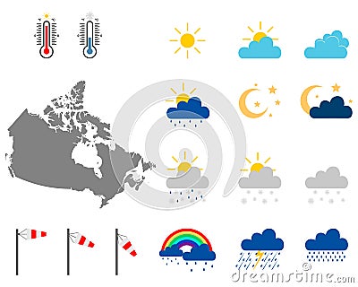Map of Canada with weather symbols Vector Illustration