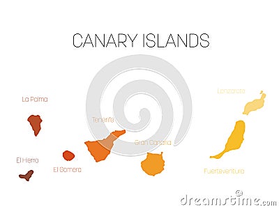 Map of Canary Islands, Spain, with labels of each island - El Hierro, La Palma, La Gomera, Tenerife, Gran Canaria Vector Illustration