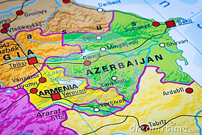 Map or cartography of Armenia and Azerbaijan Editorial Stock Photo