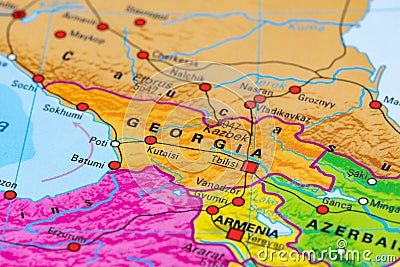 Map or cartography of Georgia with capital Tbilisi Editorial Stock Photo