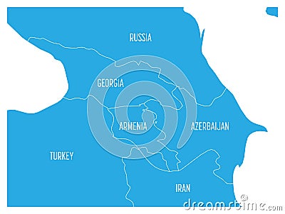 Map of Caucasian region with states of Georgia, Armenia, Azerbaijan, Russia Turkey and Iran. Flat blue map with white Vector Illustration