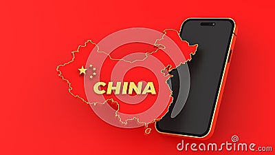 Map of China Phone with Red China map. White 3D Rendering Stock Photo