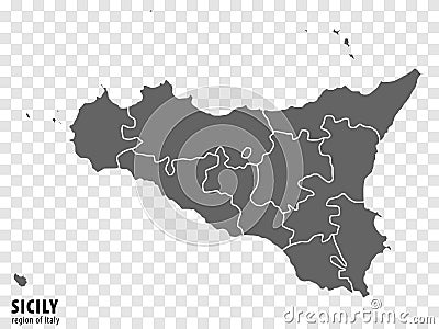 Blank map Sicily of Italy. High quality map Region Sicily with municipalities on transparent background Vector Illustration