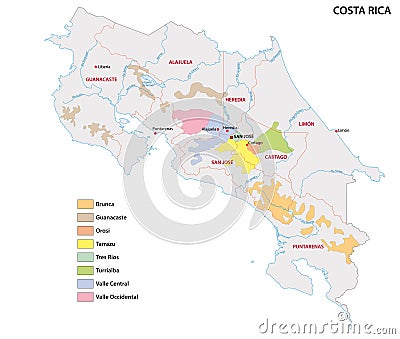 Map of the coffee growing regions of costa rica Vector Illustration
