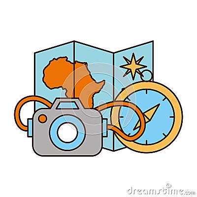 map compass camera safari equipment supplies Cartoon Illustration