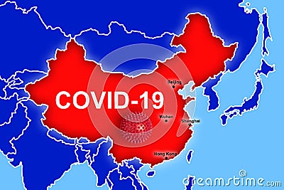 Map with contours of China with Inscription Covid-19 Stock Photo