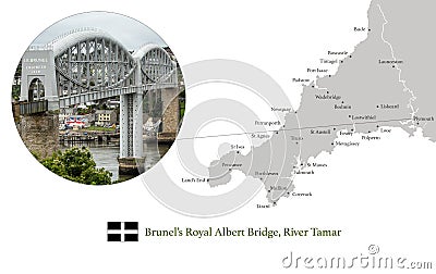 Map of Cornwall, featuring photographic image of Brunel`s Royal Albert Bridge over the River Tamar, and key towns in Cornwall Stock Photo