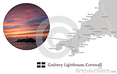 Map of Cornwall, featuring photographic image of Godrevy Lighthouse, and key towns in Cornwall marked on map Stock Photo