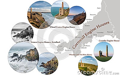 Map of Cornwall, featuring photographic images of Cornish Engine Houses, including, Coombe, Wheal Prosper, Botallack, Wheal Coates Stock Photo