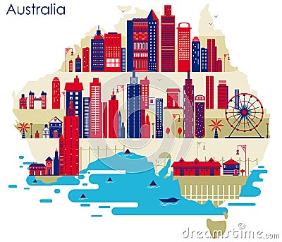 Map of country Australia with building and famous monument Vector Illustration