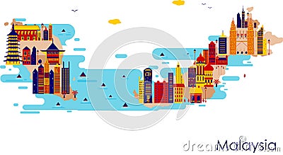 Map of country Malaysia with building and famous monument Vector Illustration