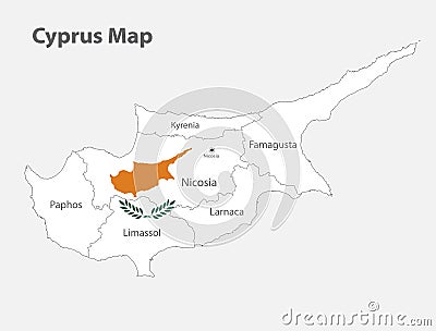 Map of the Cyprus in the colors of the flag with administrative divisions Vector Illustration