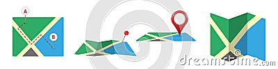 Map 3D icons. Route, pinned map, teardrop map marker. Vector illustration Cartoon Illustration