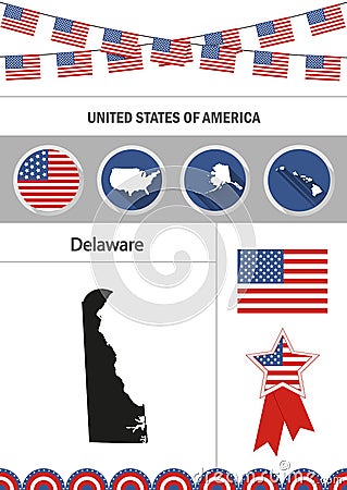 Map of Delaware. Set of flat design icons nfographics elements w Vector Illustration