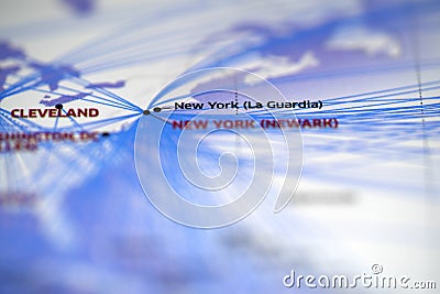 Close up look at Map details highlight cleveland airport and newyork la guardia airport Stock Photo