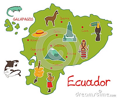 Map of ecuador with typical features Cartoon Illustration