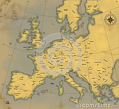 A map of Europe is in age-old style Stock Photo