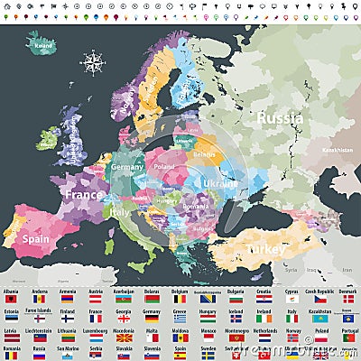 Map of Europe colored by countries with regions borders. Vector Illustration