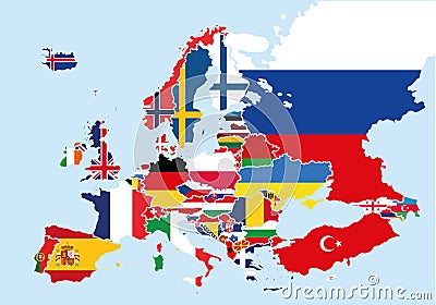 Map of Europe colored with the flags of each country Vector Illustration