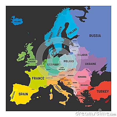 Map of Europe in colors of rainbow spectrum. With European countries names Vector Illustration