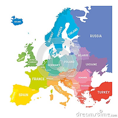 Map of Europe in colors of rainbow spectrum. With European countries names Vector Illustration