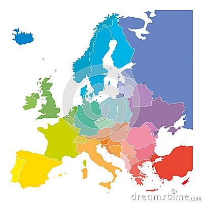Map of Europe in colors of rainbow spectrum. With European countries names Vector Illustration