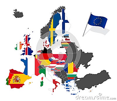 Map of Europe with the European Union member states flags before Brexit. Vector illustration Vector Illustration