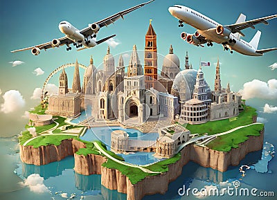 Map of Europe and Important Structures in 3D.airplanes in the air Stock Photo