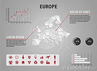 Map of Europe - infographic illustration with charts and useful icons Vector Illustration