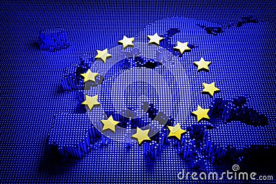 Map of Europe made from nails in blue with the twelve yellow stars of the European Flag hovering above. Image depicts the european Stock Photo