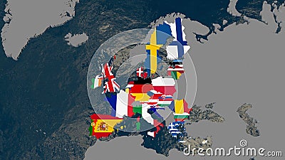 Map of Europe, member countries textured with flags - 3D illustration Cartoon Illustration