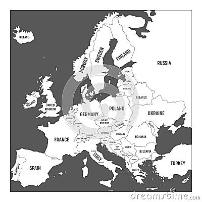 Map of Europe with names of sovereign countries, ministates Vector Illustration